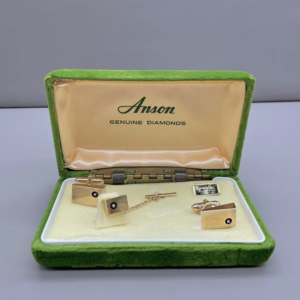 Anson Cufflinks Set Men 24KT Gold Plated Genuine Diamond Heavy Electroplate